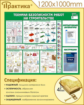 С32 Стенд техника безопасности при строительстве (1200х1000 мм, пластик ПВХ 3 мм, алюминиевый багет золотого цвета) - Стенды - Тематические стенды - . Магазин Znakstend.ru